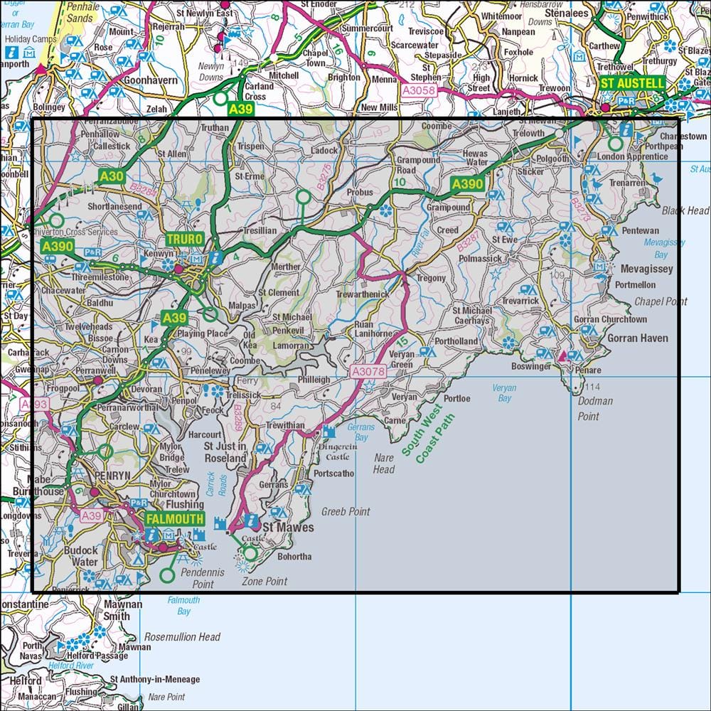 OMN4 image showing the area of the Ordnance Survey 1:25,000 Explorer map 105 Falmouth & Mevagissey