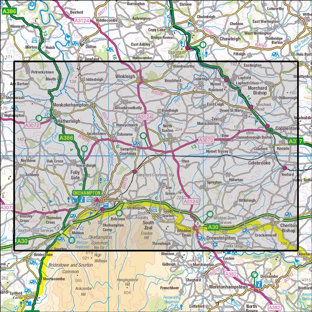 OMN4 image showing the area of the Ordnance Survey 1:25,000 Explorer map 113 Okehampton