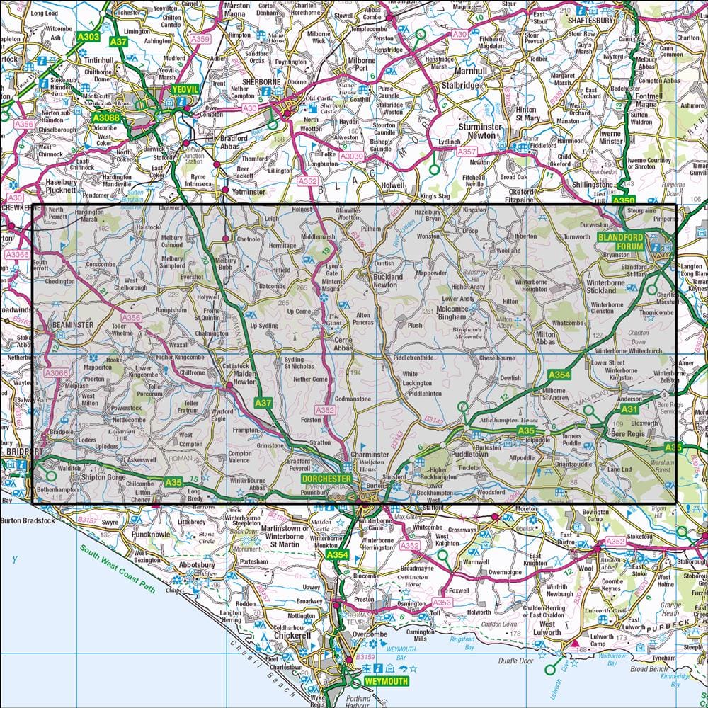 OMN4 image showing the area of the Ordnance Survey 1:25,000 Explorer map 117 Cerne Abbas & Bere Regis