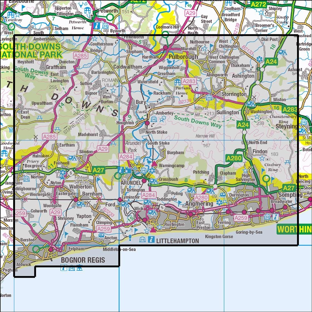 OMN4 image showing the area of the Ordnance Survey 1:25,000 Explorer map 121 Arundel & Pulborough