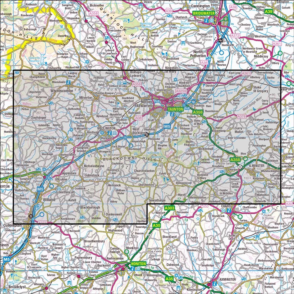 OMN4 image showing the area of the Ordnance Survey 1:25,000 Explorer map 128 Taunton & Blackdown Hills