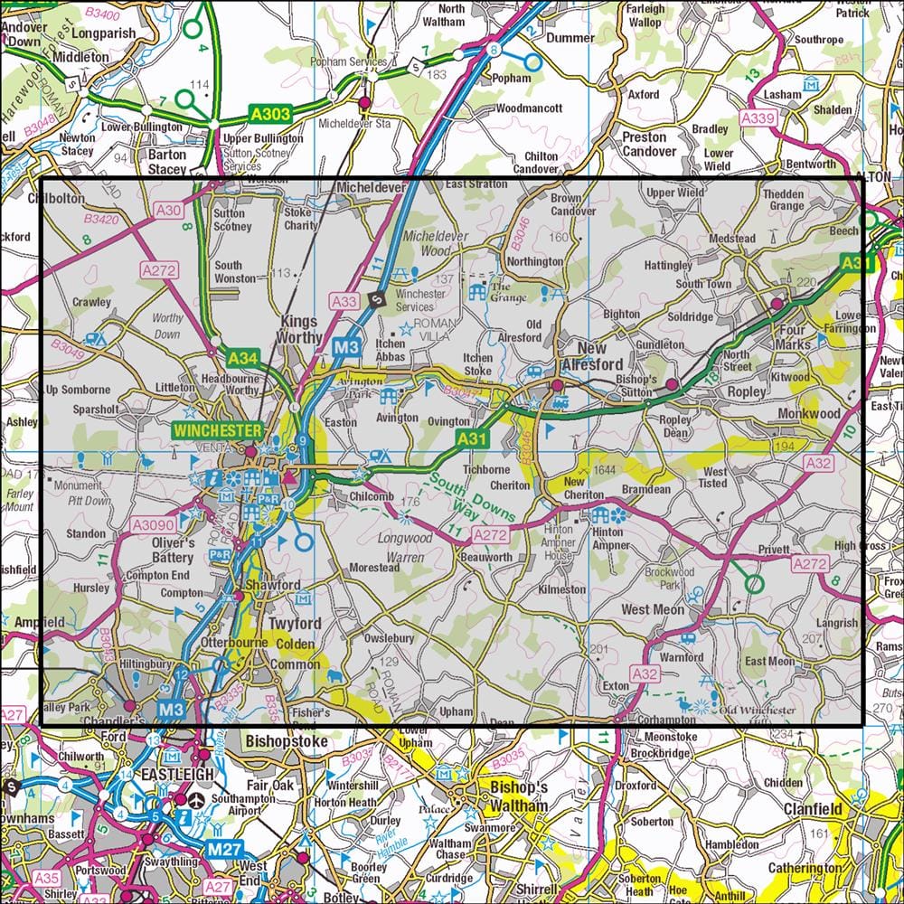 OMN4 image showing the area of the Ordnance Survey 1:25,000 Explorer map 132 Winchester, New Alresford & East Meon