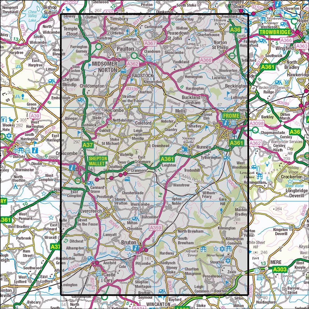OMN4 image showing the area of the Ordnance Survey 1:25,000 Explorer map 142 Shepton Mallet & Mendip Hills East