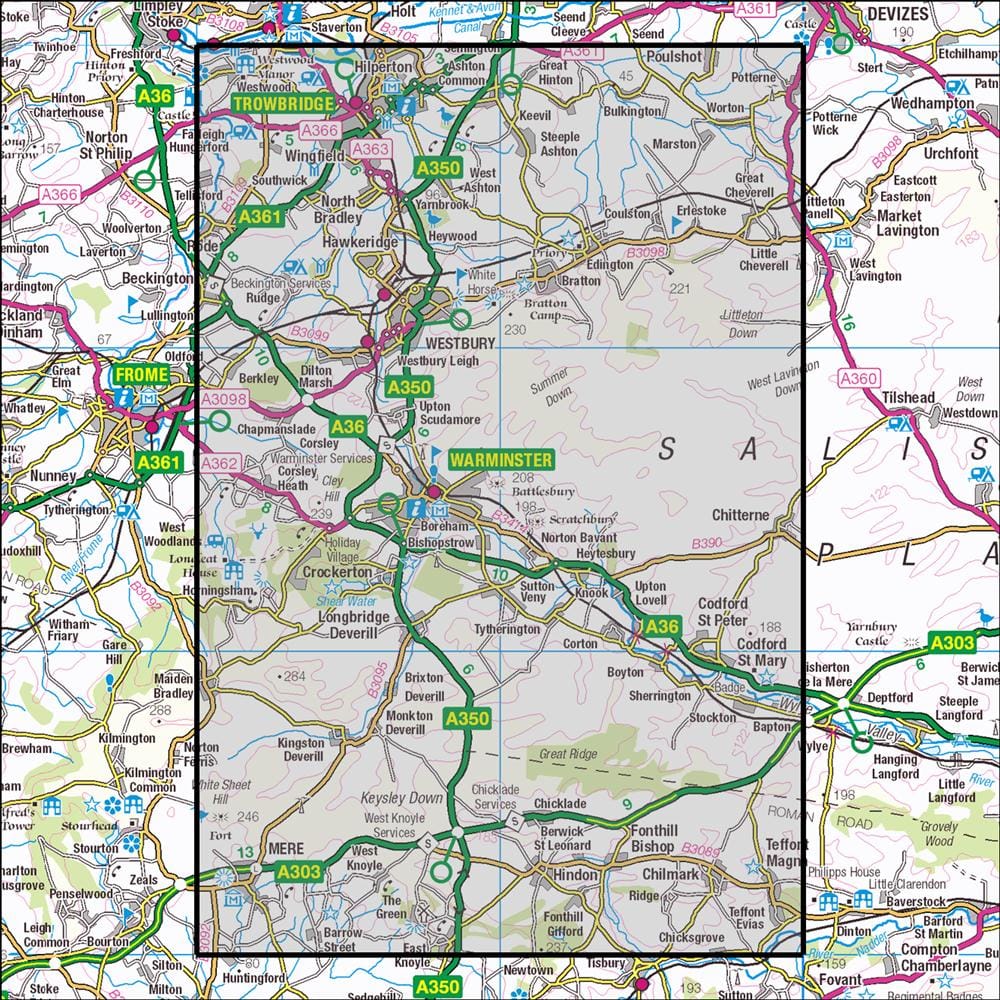 OMN4 image showing the area of the Ordnance Survey 1:25,000 Explorer map 143 Warminster & Trowbridge