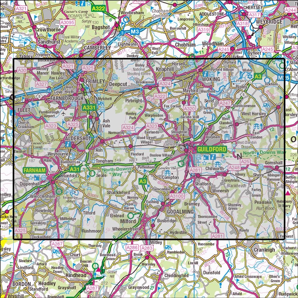 OMN4 image showing the area of the Ordnance Survey 1:25,000 Explorer map 145 Guildford & Farnham