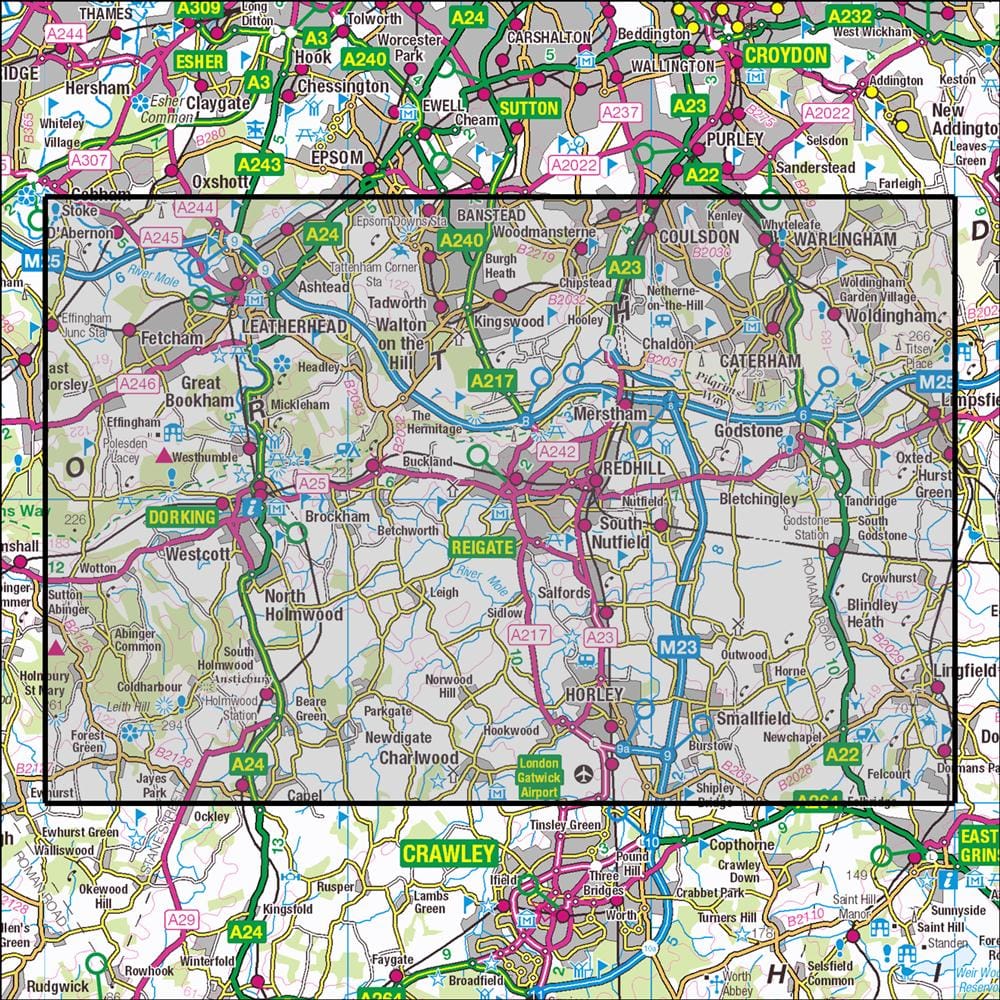 OMN4 image showing the area of the Ordnance Survey 1:25,000 Explorer map 146 Dorking, Box Hill & Reigate