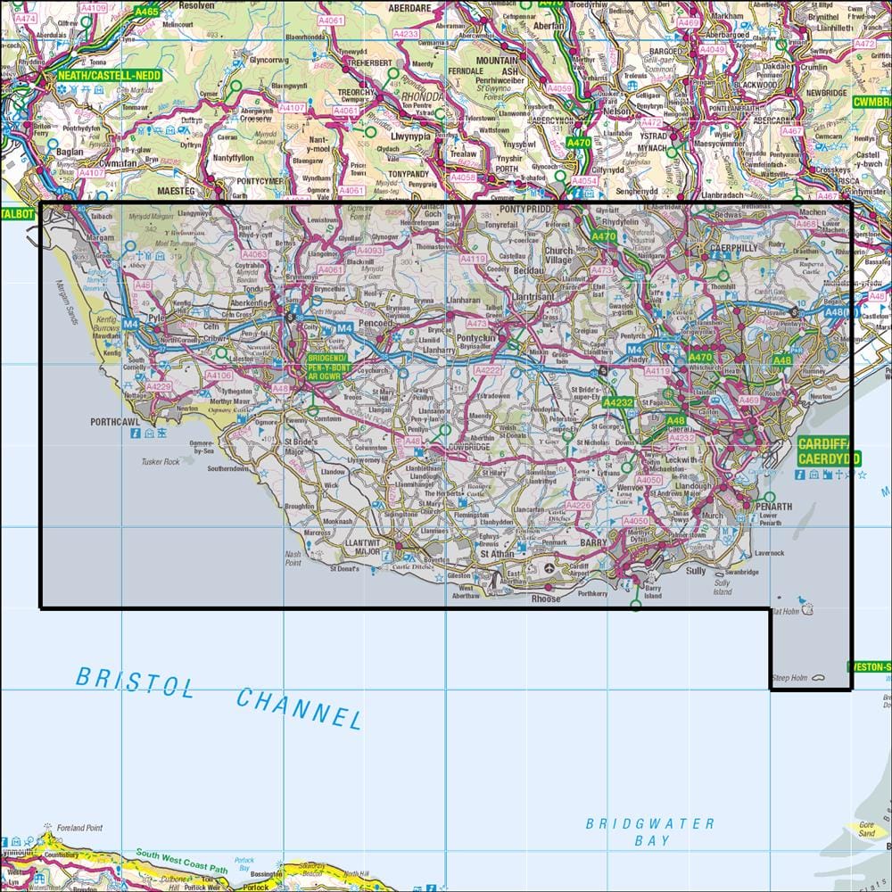 OMN4 image showing the area of the Ordnance Survey 1:25,000 Explorer map 151 Cardiff & Bridgend