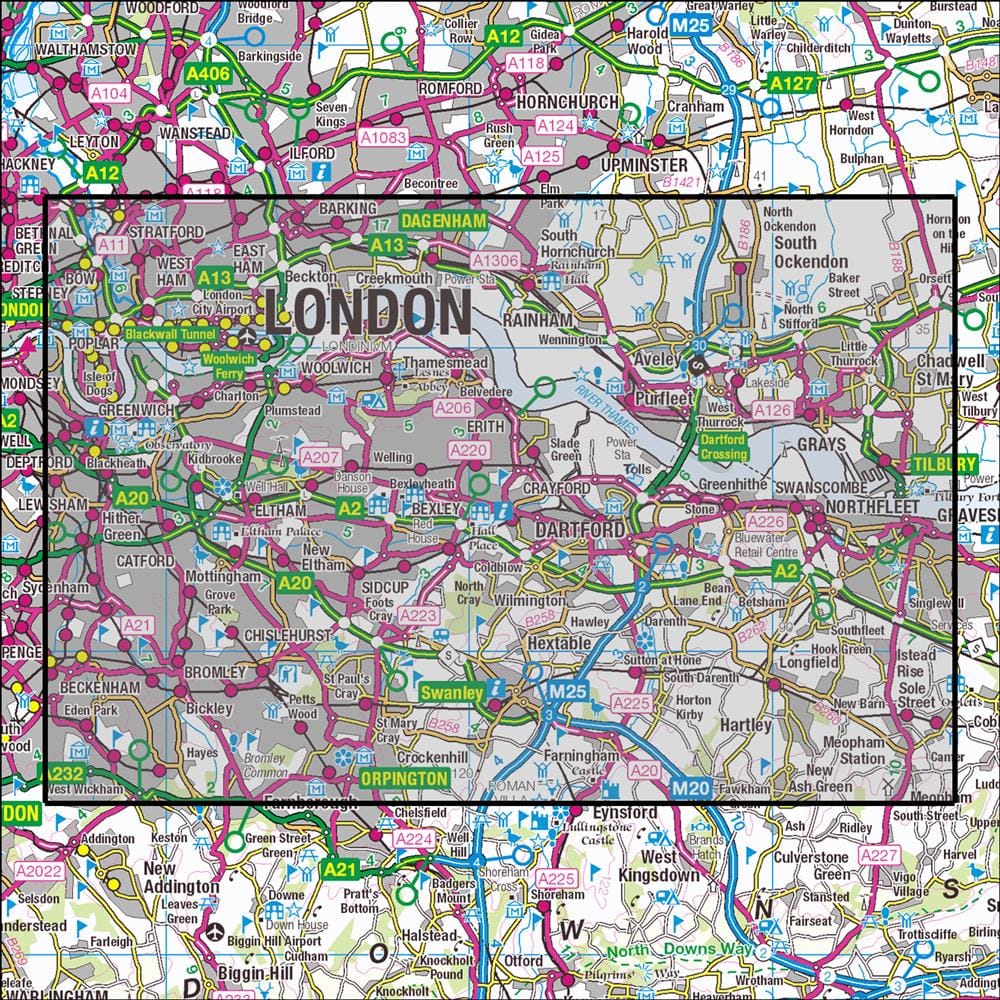 OMN4 image showing the area of the Ordnance Survey 1:25,000 Explorer map 162 Greenwich & Gravesend