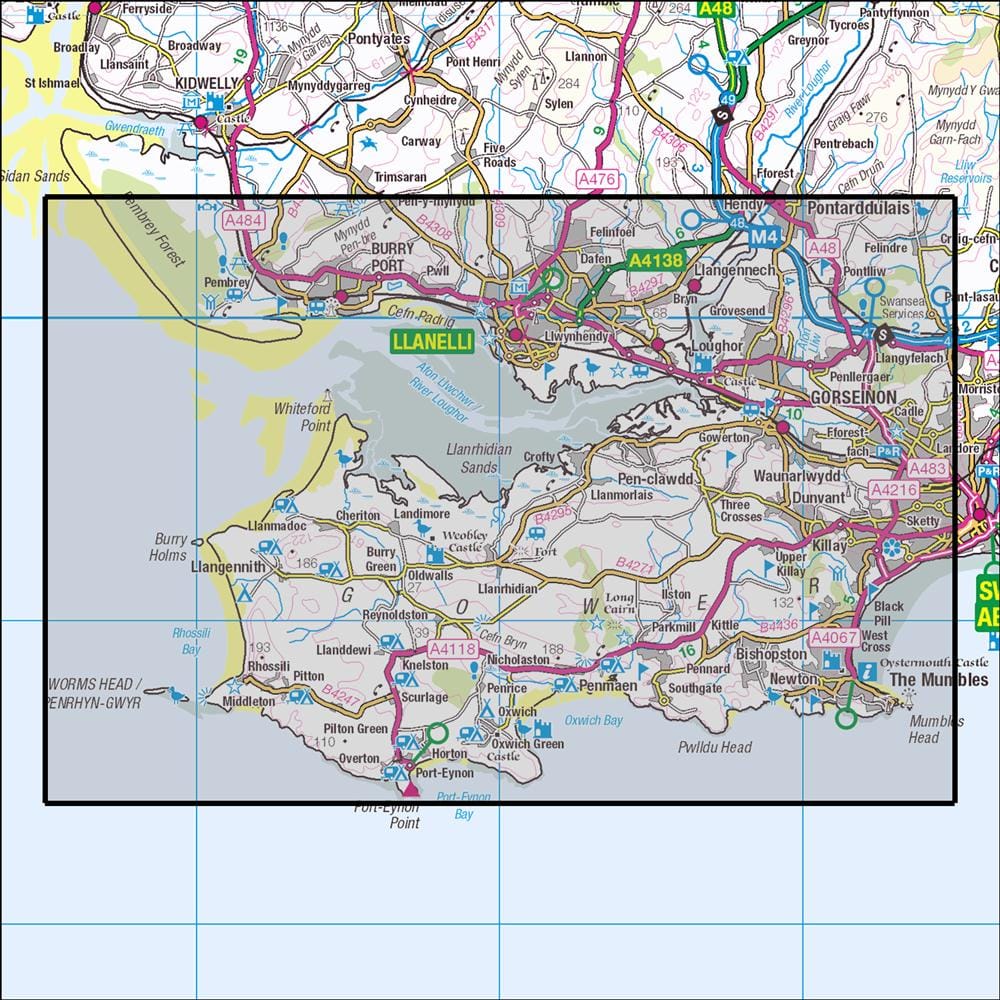 OMN4 image showing the area of the Ordnance Survey 1:25,000 Explorer map 164 Gower