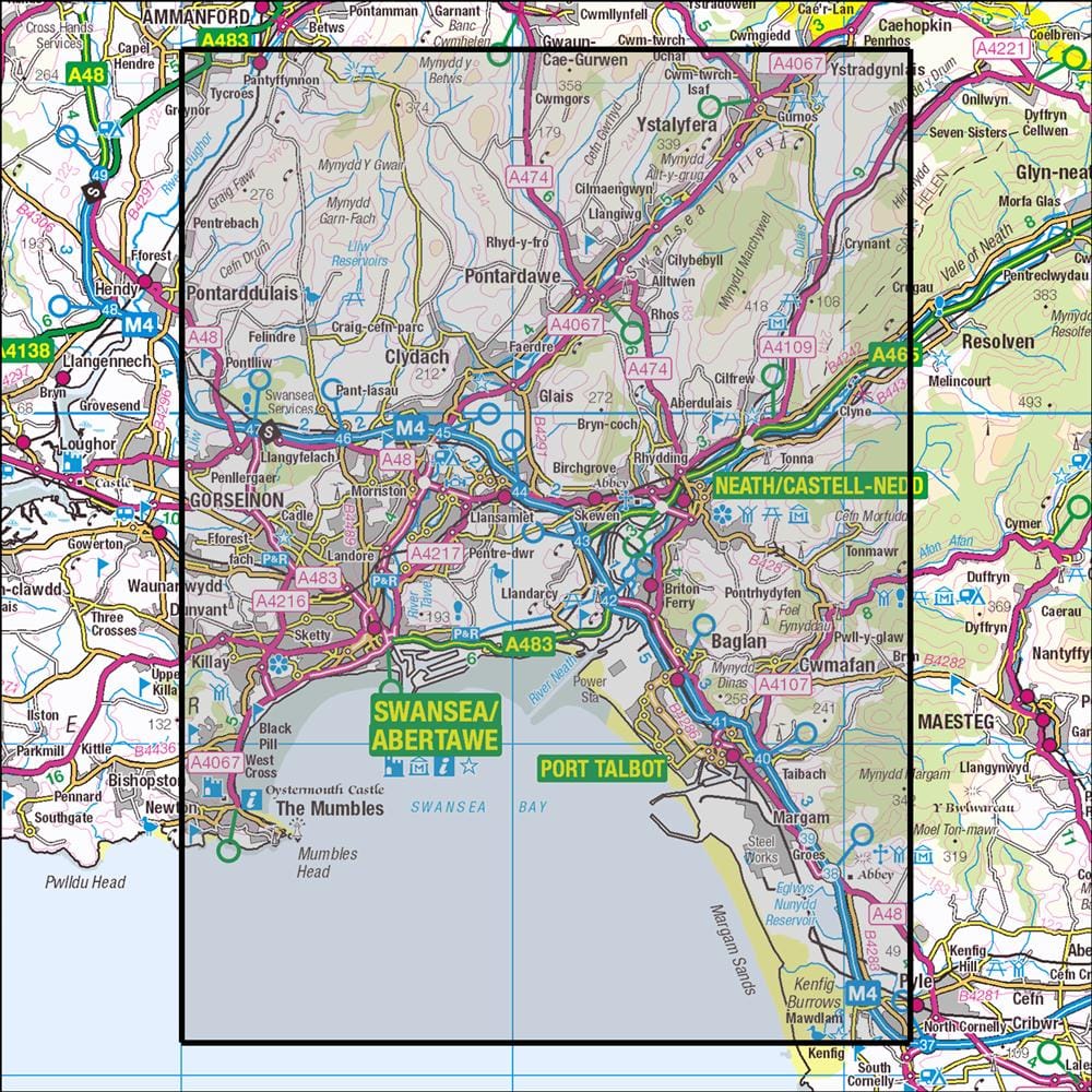 OMN4 image showing the area of the Ordnance Survey 1:25,000 Explorer map 165 Swansea