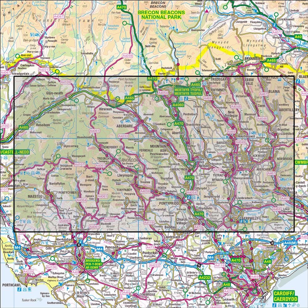 OMN4 image showing the area of the Ordnance Survey 1:25,000 Explorer map 166 Rhondda & Merthyr Tydfil