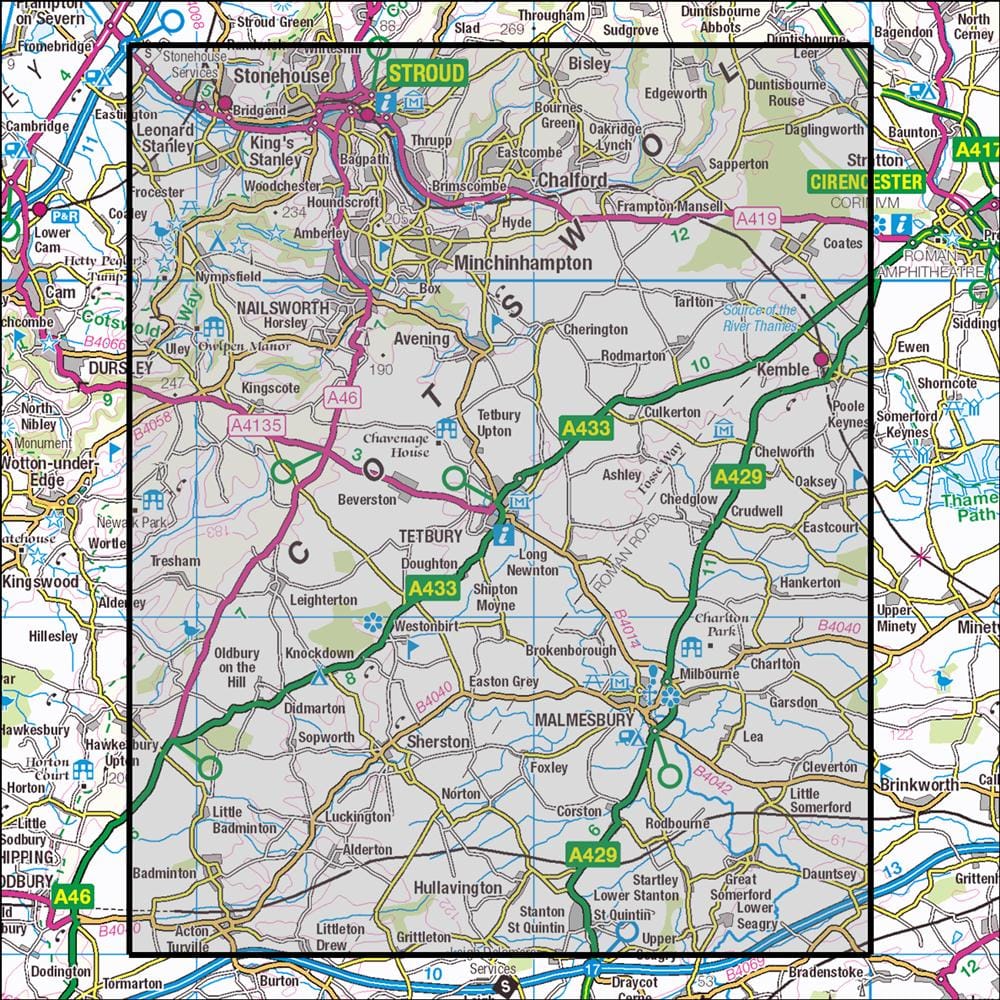 OMN4 image showing the area of the Ordnance Survey 1:25,000 Explorer map 168 Stroud, Tetbury & Malmesbury