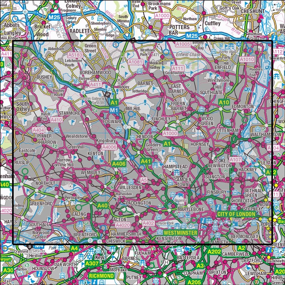 OMN4 image showing the area of the Ordnance Survey 1:25,000 Explorer map 173 London North