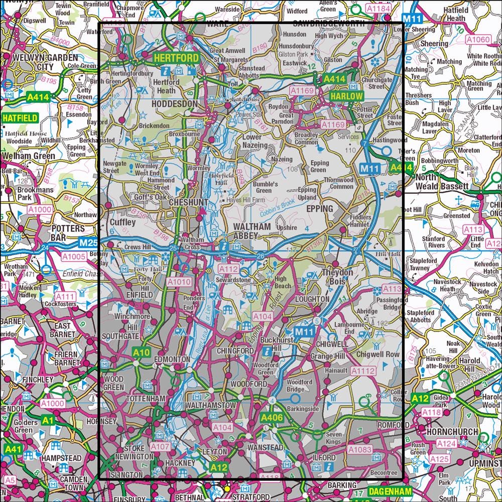OMN4 image showing the area of the Ordnance Survey 1:25,000 Explorer map 174 Epping Forest & Lee Valley