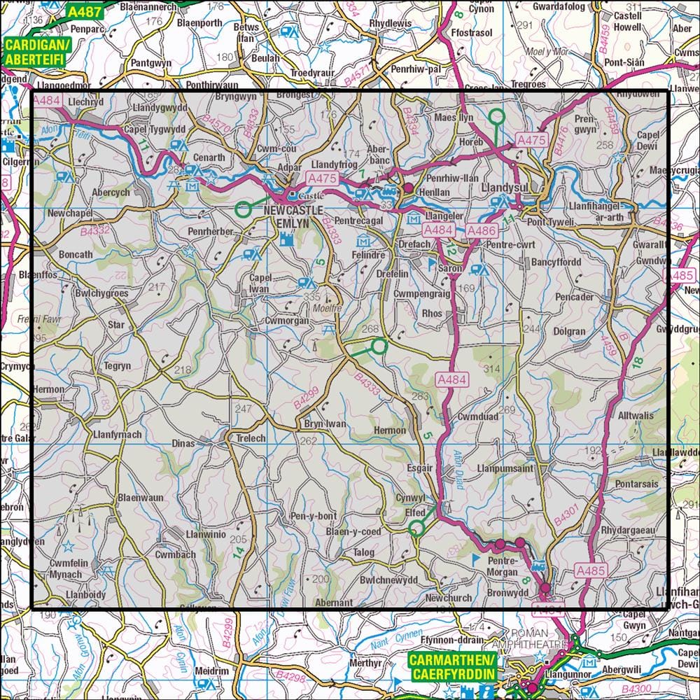 OMN4 image showing the area of the Ordnance Survey 1:25,000 Explorer map 185 Newcastle Emlyn