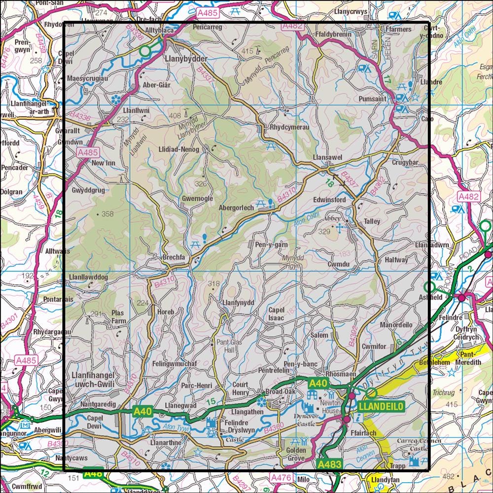 OMN4 image showing the area of the Ordnance Survey 1:25,000 Explorer map 186 Llandeilo & Brechfa Forest