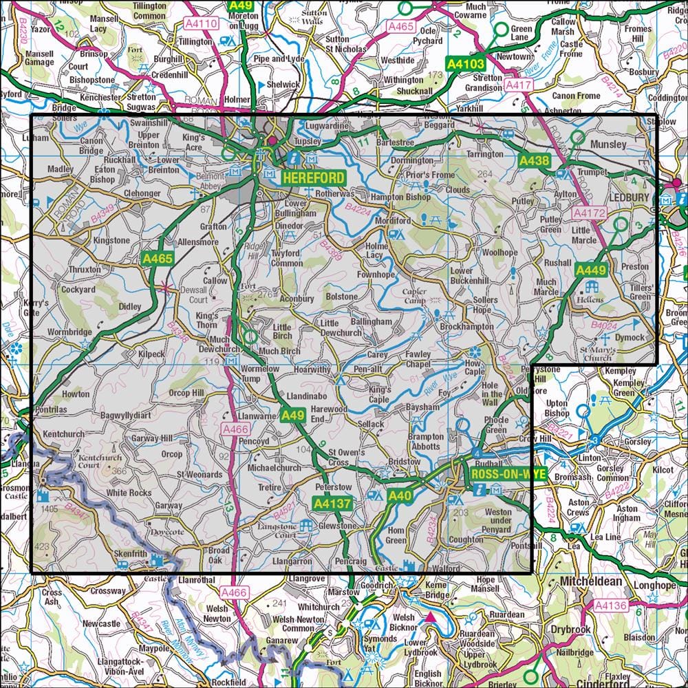 OMN4 image showing the area of the Ordnance Survey 1:25,000 Explorer map 189 Hereford & Ross-on-Wye