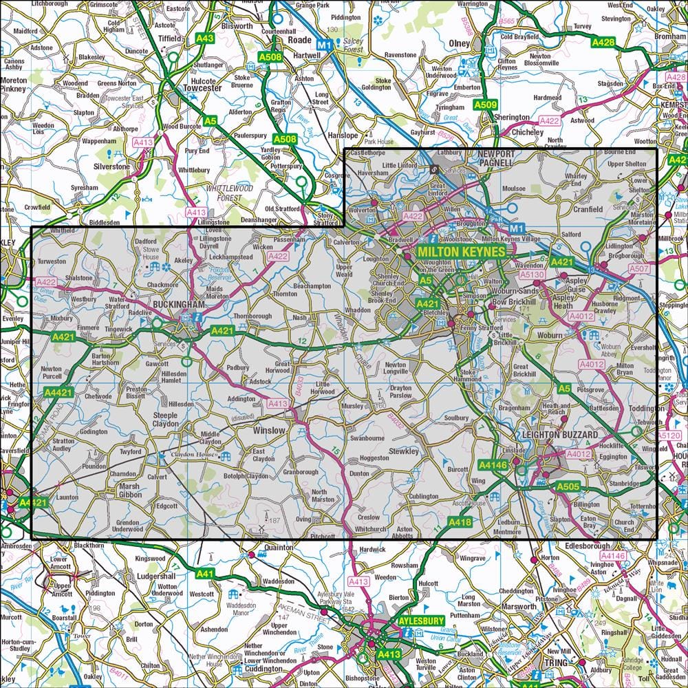 OMN4 image showing the area of the Ordnance Survey 1:25,000 Explorer map 192 Buckingham & Milton Keynes