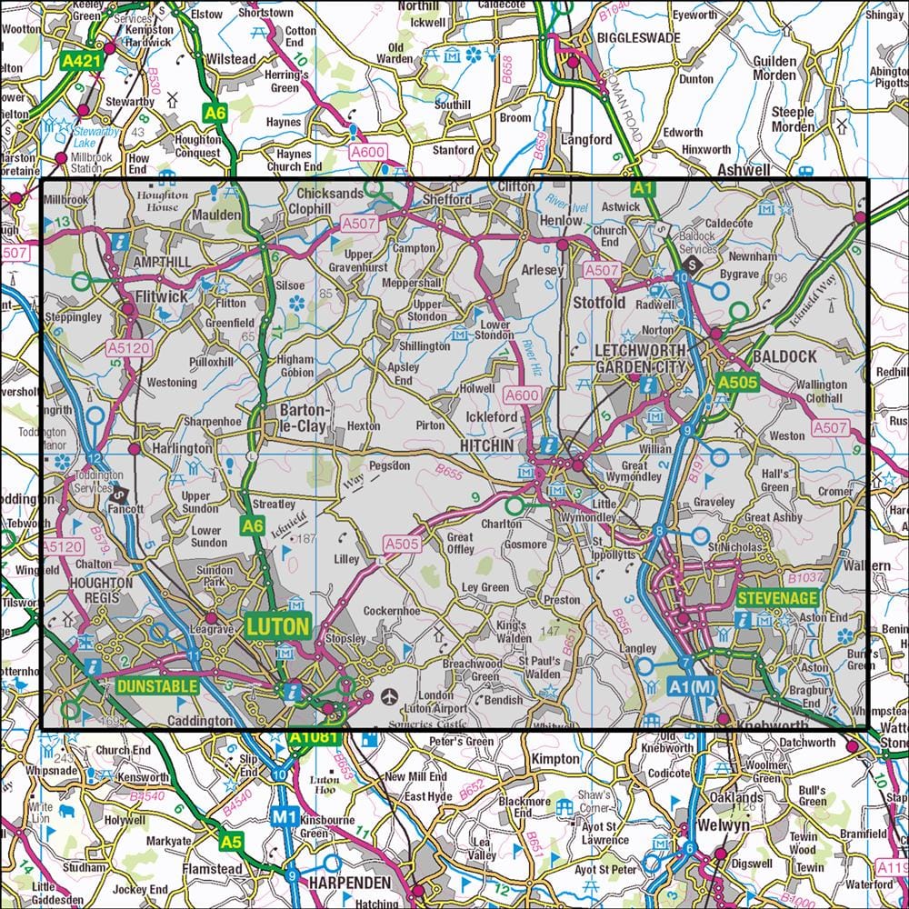 OMN4 image showing the area of the Ordnance Survey 1:25,000 Explorer map 193 Luton & Stevenage