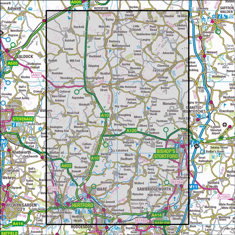 OMN4 image showing the area of the Ordnance Survey 1:25,000 Explorer map 194 Hertford & Bishops Stortford