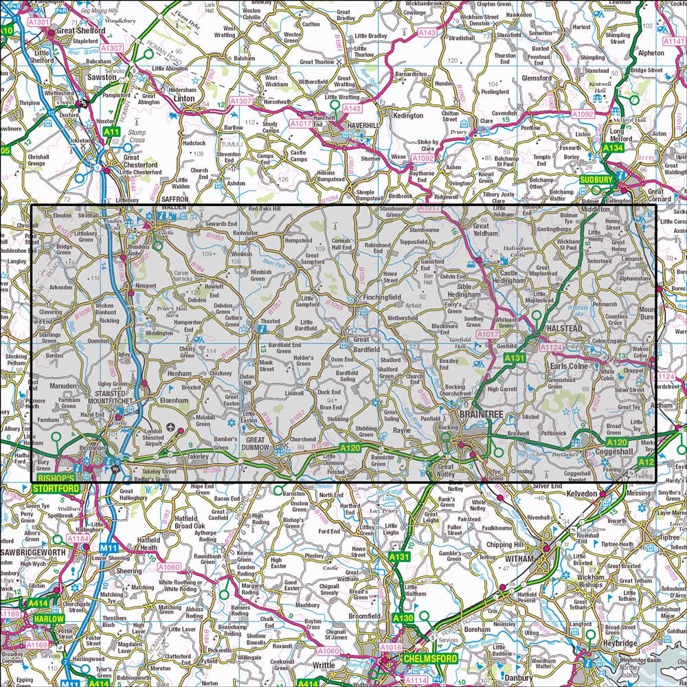 OMN4 image showing the area of the Ordnance Survey 1:25,000 Explorer map 195 Braintree & Saffron Walden