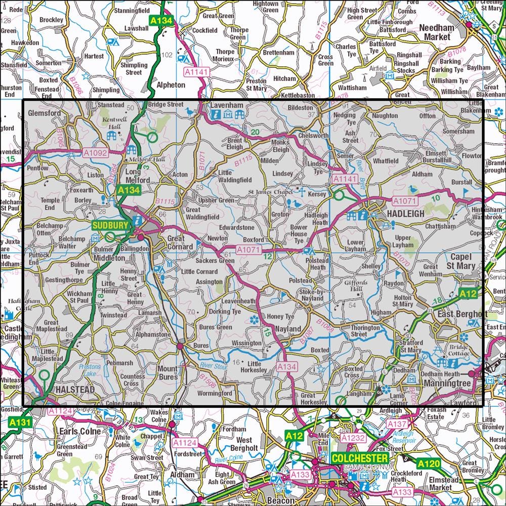 OMN4 image showing the area of the Ordnance Survey 1:25,000 Explorer map 196 Sudbury, Hadleigh & Dedham Vale