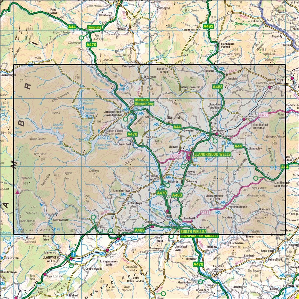 OMN4 image showing the area of the Ordnance Survey 1:25,000 Explorer map 200 Llandrindod Wells & Elan Valley