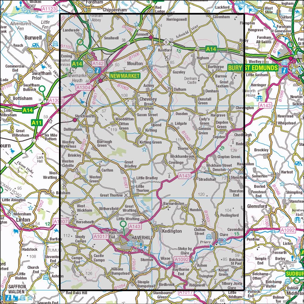 OMN4 image showing the area of the Ordnance Survey 1:25,000 Explorer map 210 Newmarket & Haverhill