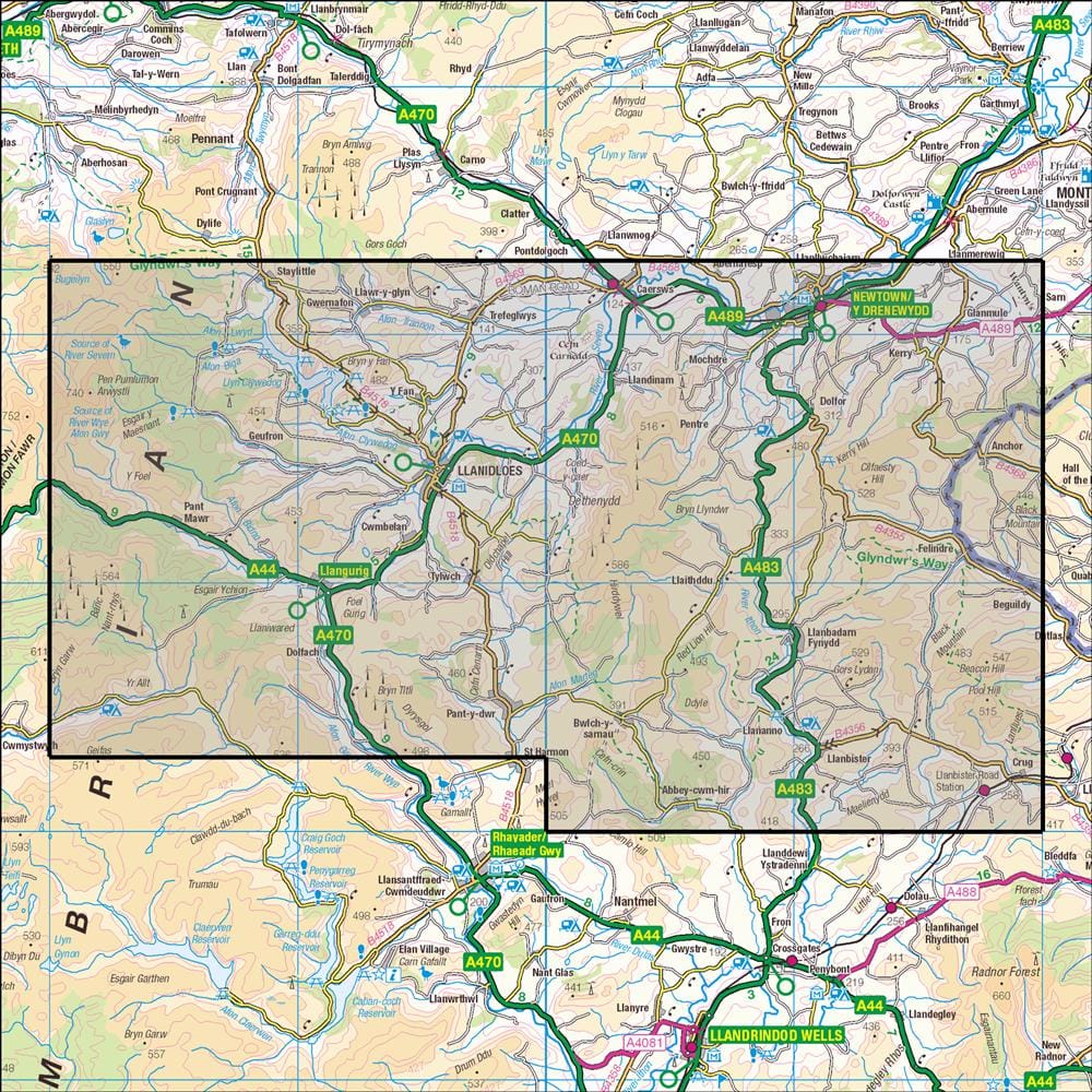 OMN4 image showing the area of the Ordnance Survey 1:25,000 Explorer map 214 Llanidloes & Newtown