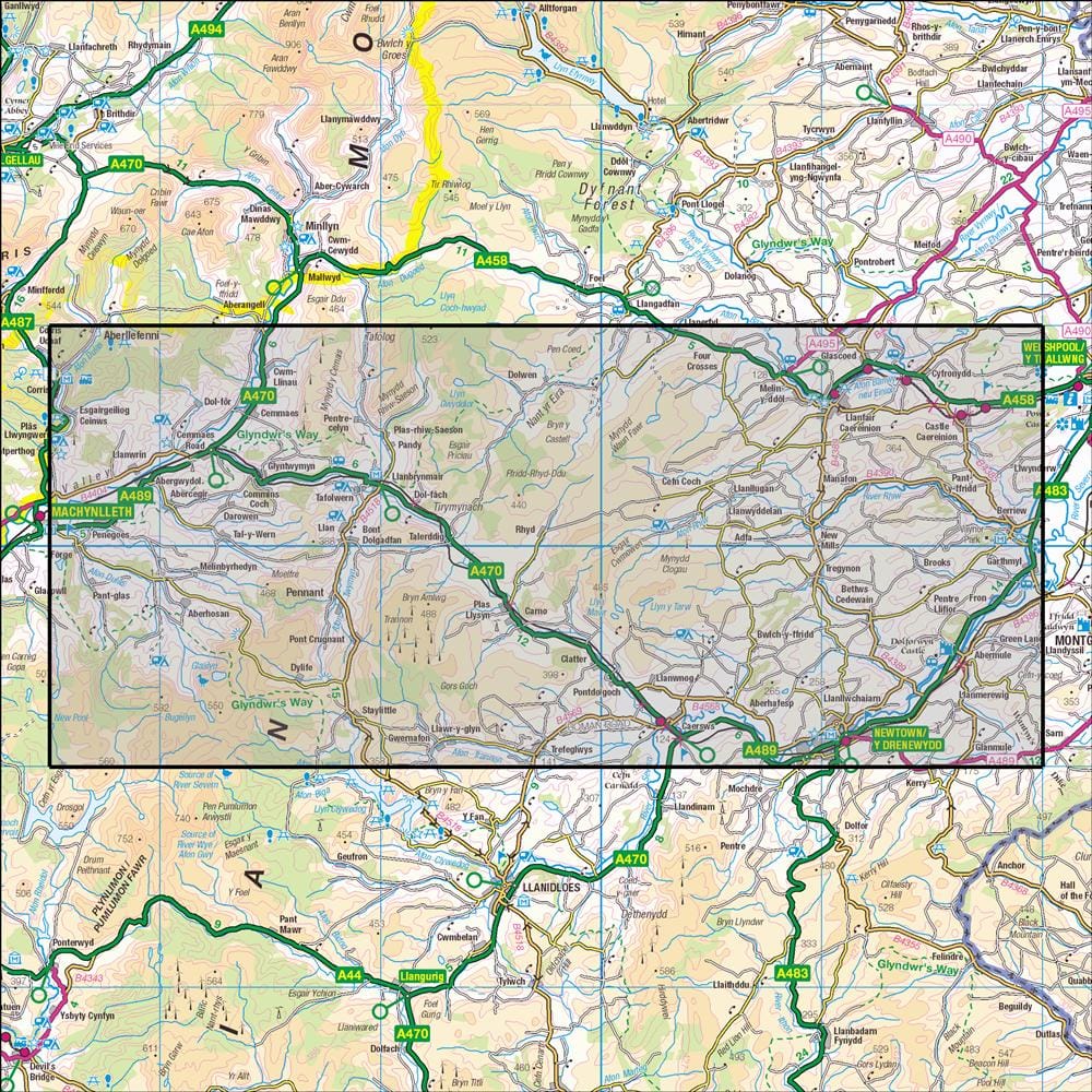 OMN4 image showing the area of the Ordnance Survey 1:25,000 Explorer map 215 Newtown & Machynlleth
