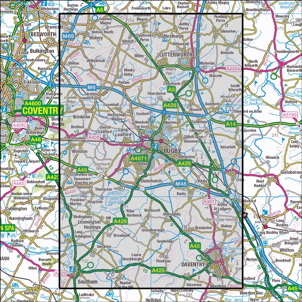 OMN4 image showing the area of the Ordnance Survey 1:25,000 Explorer map 222 Rugby & Daventry