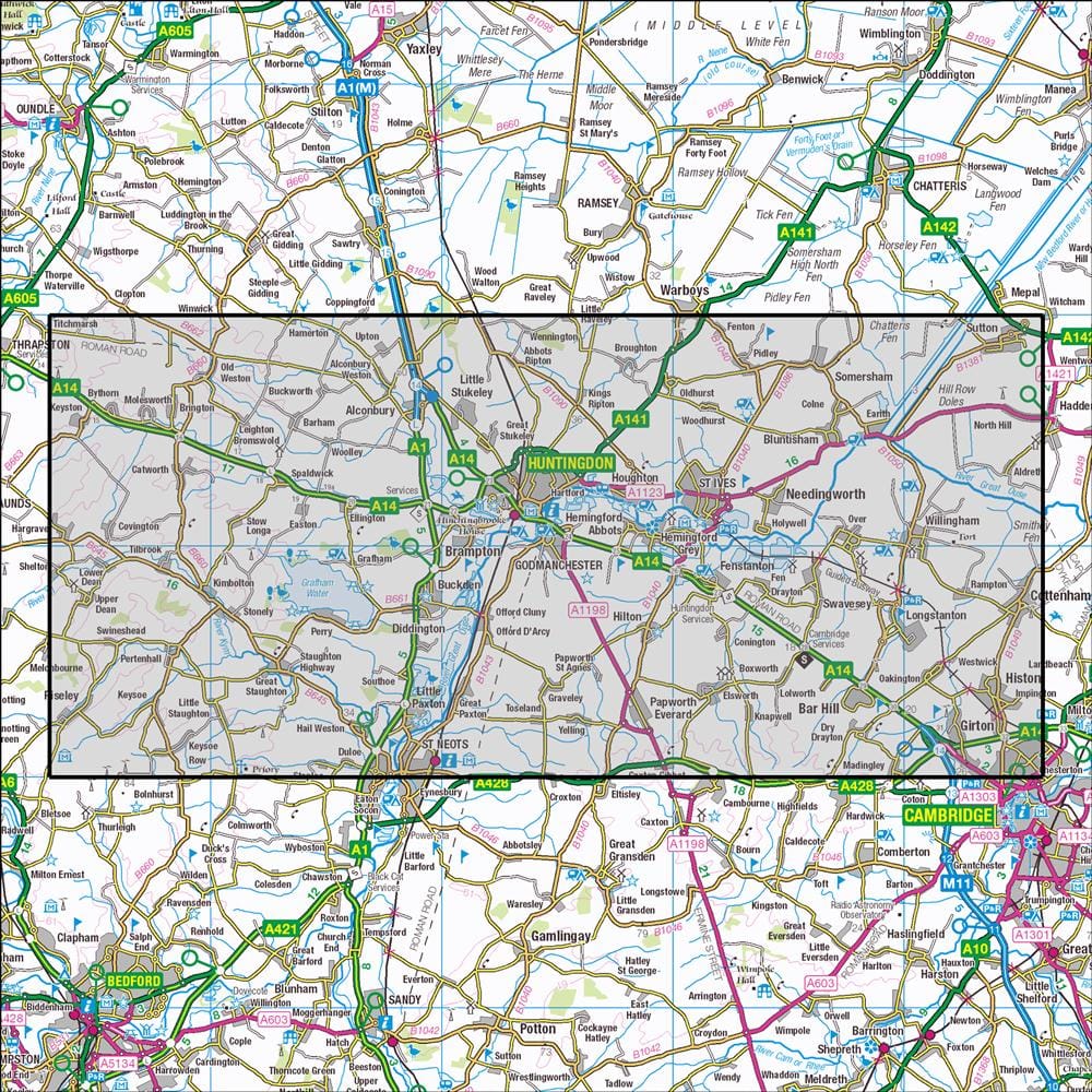 OMN4 image showing the area of the Ordnance Survey 1:25,000 Explorer map 225 Huntingdon & St Ives