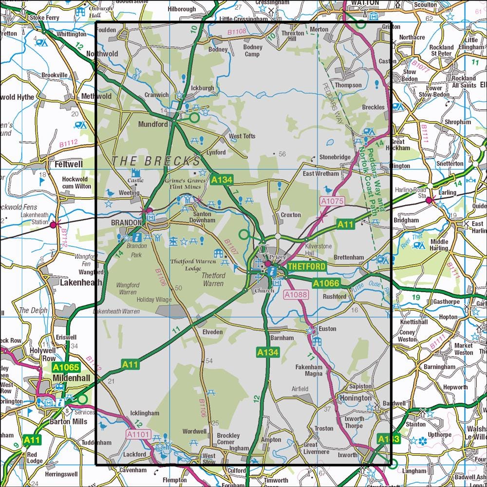 OMN4 image showing the area of the Ordnance Survey 1:25,000 Explorer map 229 Thetford Forest in The Brecks