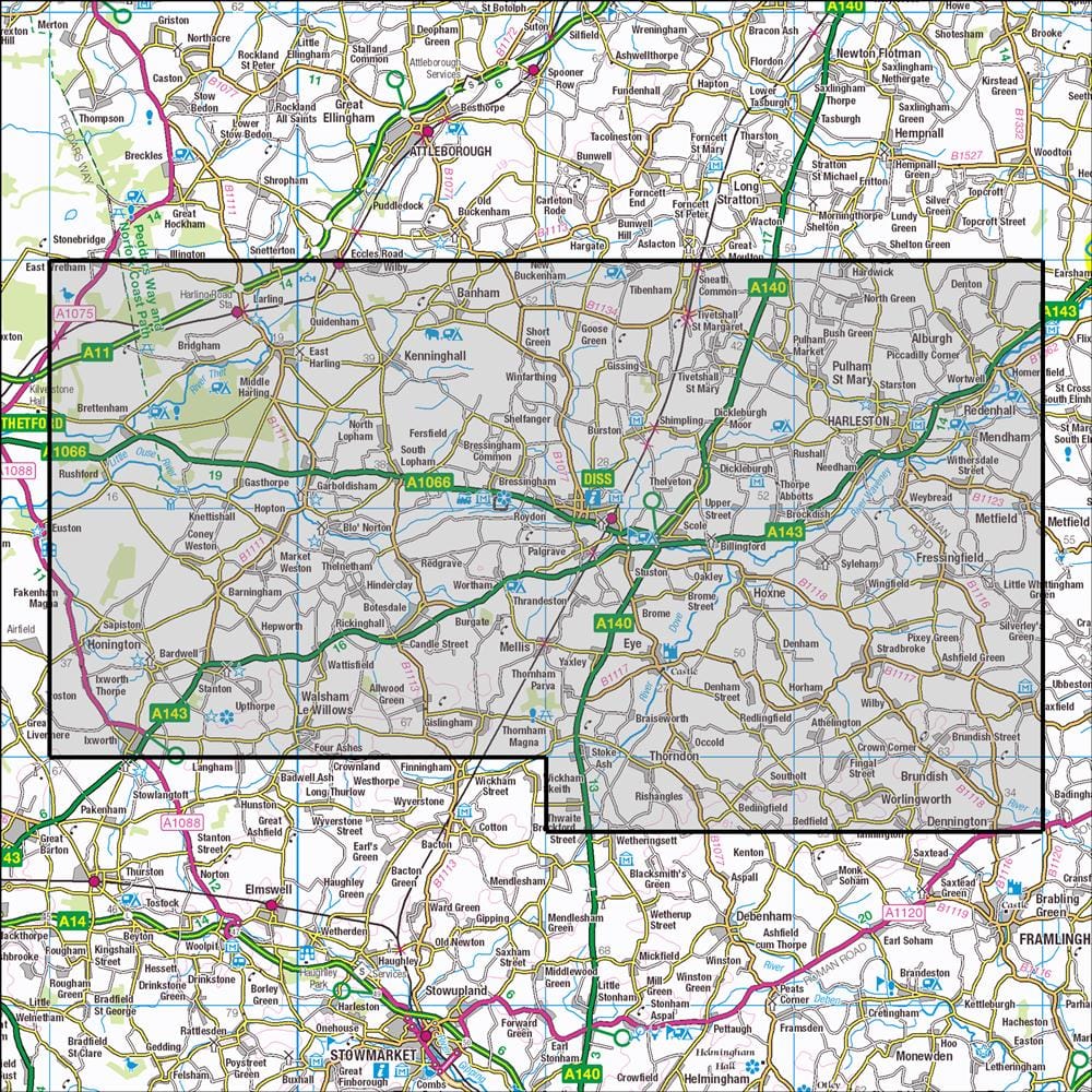 OMN4 image showing the area of the Ordnance Survey 1:25,000 Explorer map 230 Diss & Harleston