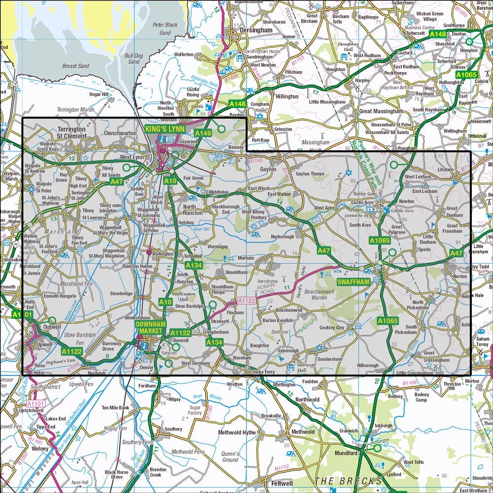 OMN4 image showing the area of the Ordnance Survey 1:25,000 Explorer map 236 Kings Lynn , Downham Market & Swaffham