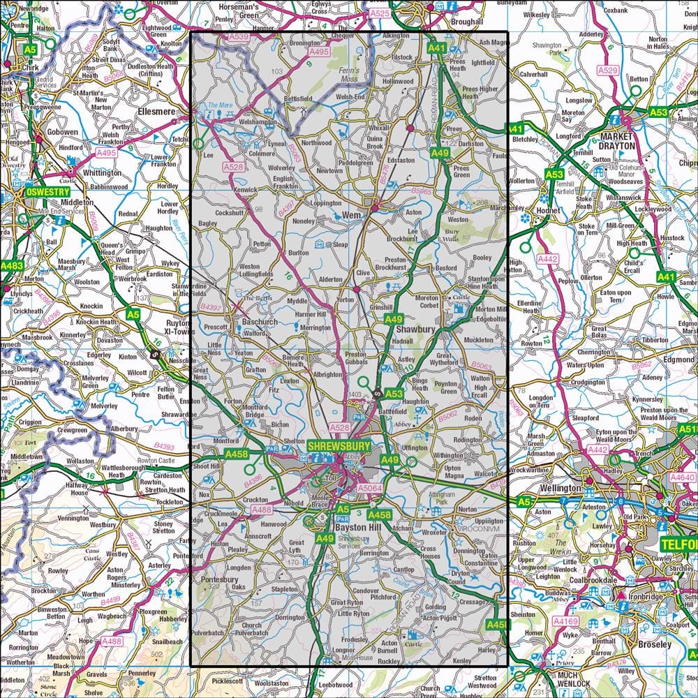 OMN4 image showing the area of the Ordnance Survey 1:25,000 Explorer map 241 Shrewsbury