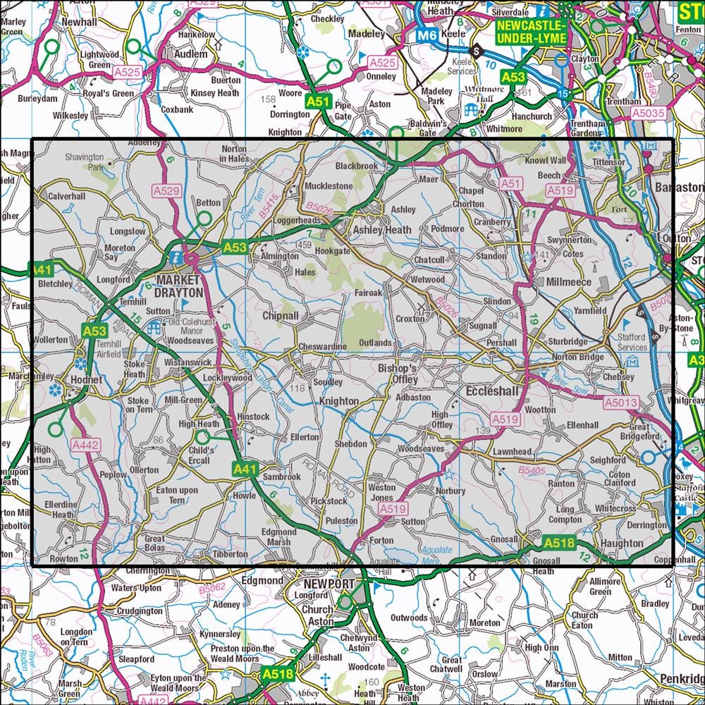OMN4 image showing the area of the Ordnance Survey 1:25,000 Explorer map 243 Market Drayton
