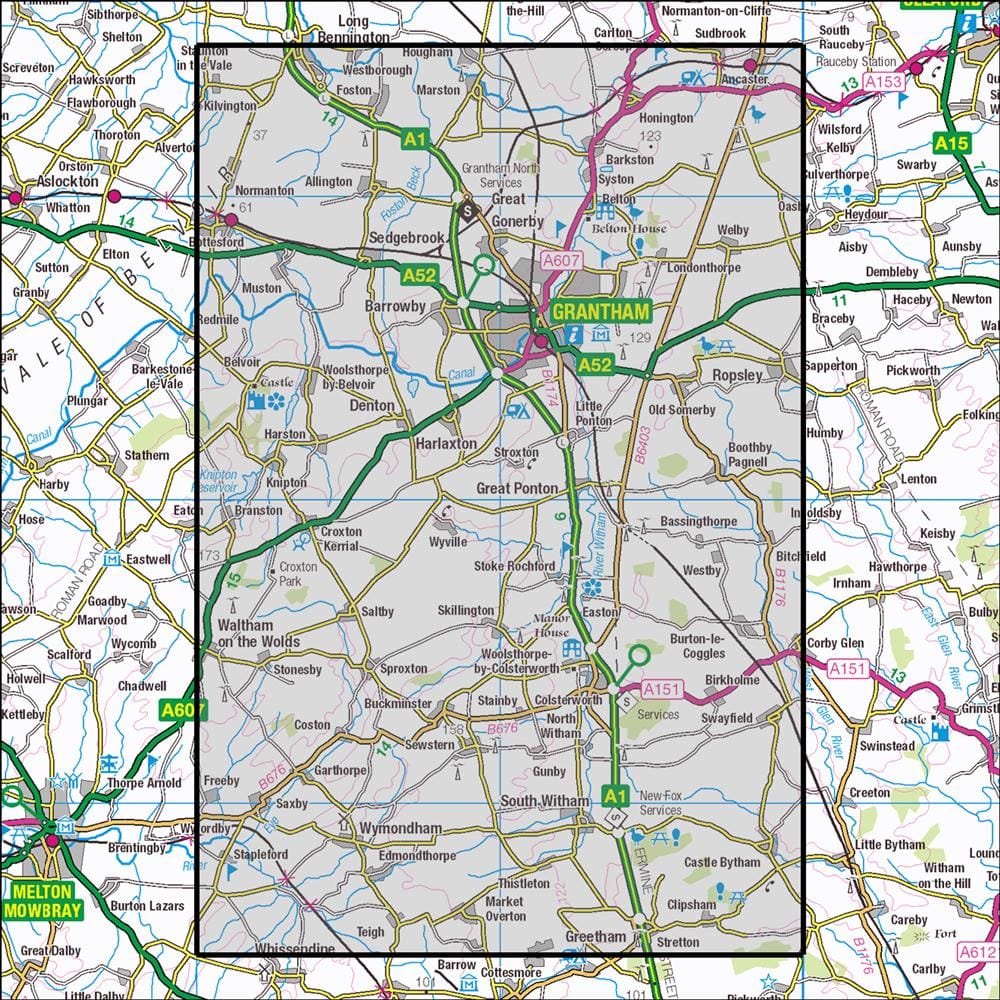 OMN4 image showing the area of the Ordnance Survey 1:25,000 Explorer map 247 Grantham