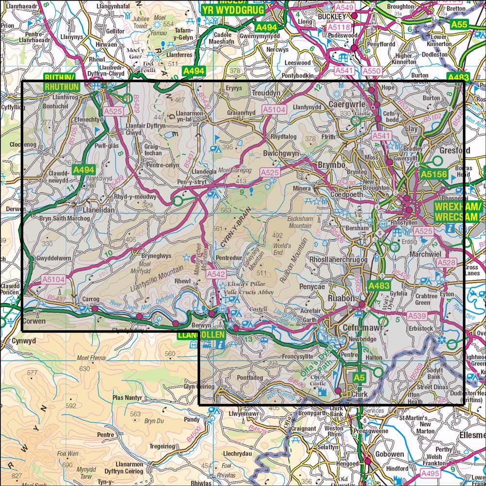 OMN4 image showing the area of the Ordnance Survey 1:25,000 Explorer map 256 Wrexham & Llangollen