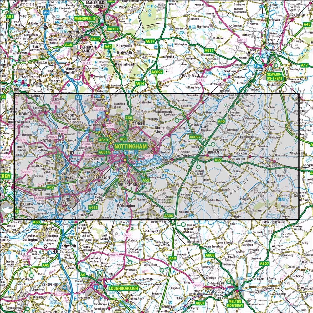 OMN4 image showing the area of the Ordnance Survey 1:25,000 Explorer map 260 Nottingham