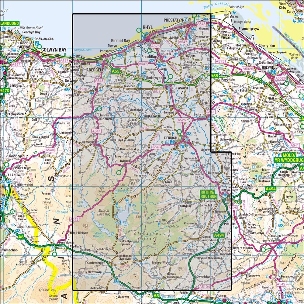 OMN4 image showing the area of the Ordnance Survey 1:25,000 Explorer map 264 Vale of Clwyd