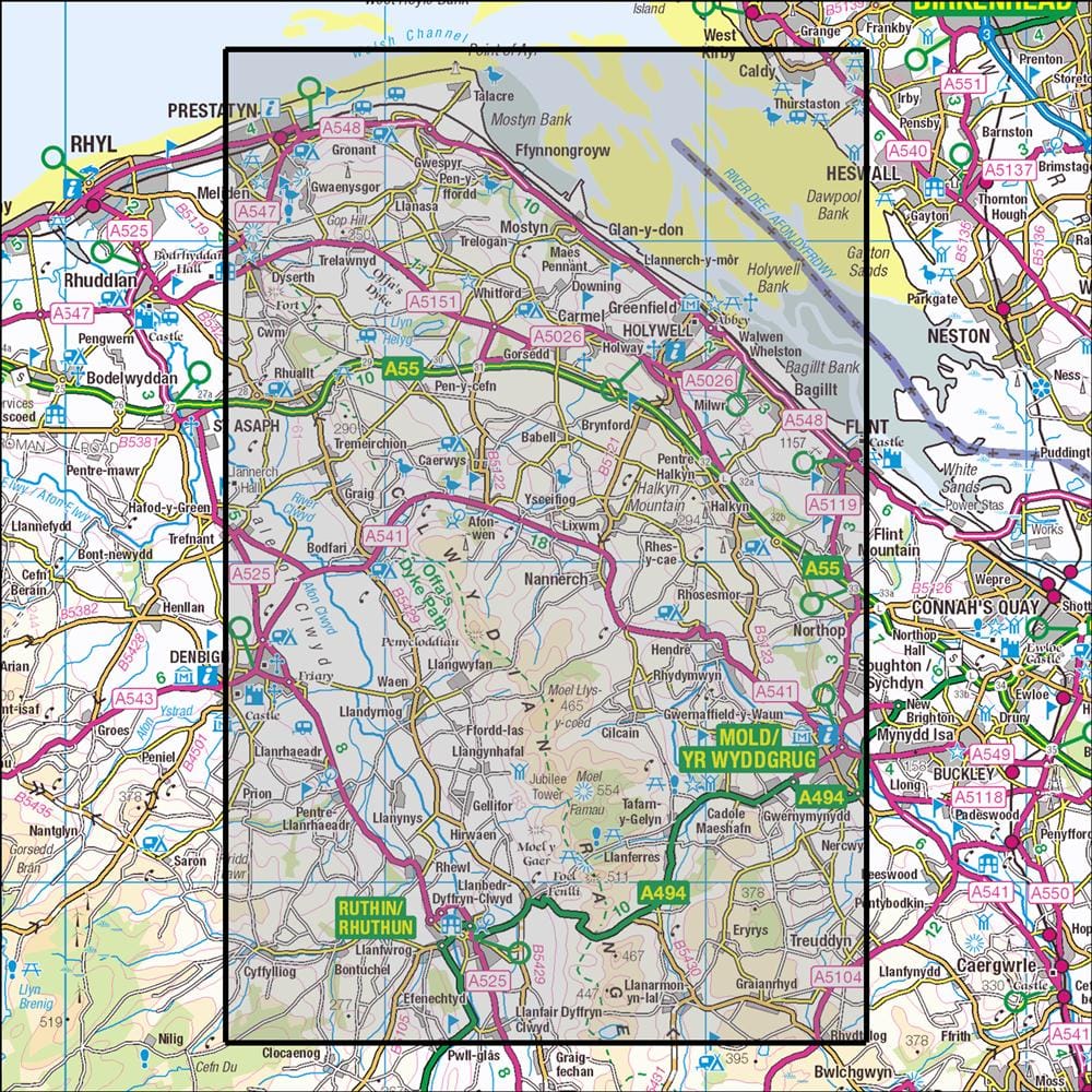 OMN4 image showing the area of the Ordnance Survey 1:25,000 Explorer map 265 Clwydian Hills