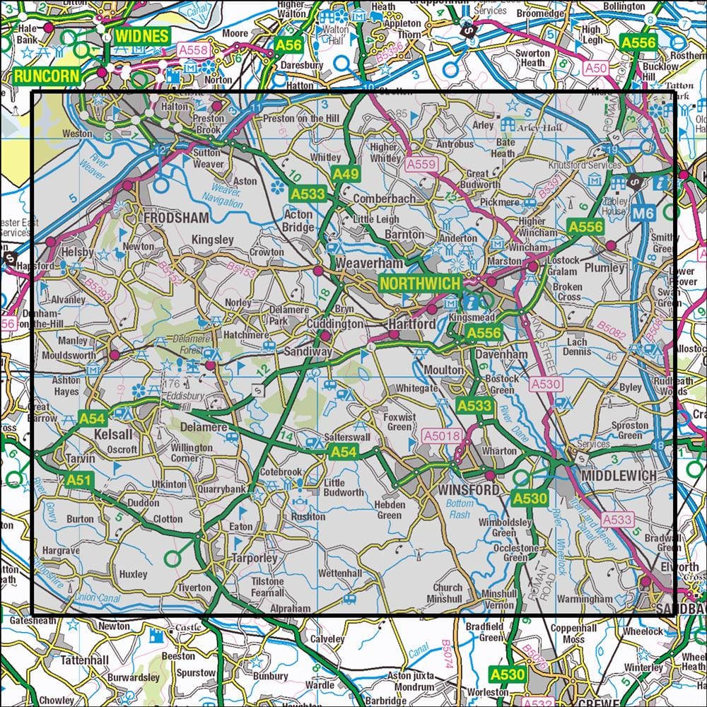 OMN4 image showing the area of the Ordnance Survey 1:25,000 Explorer map 267 Northwich & Delamere Forest
