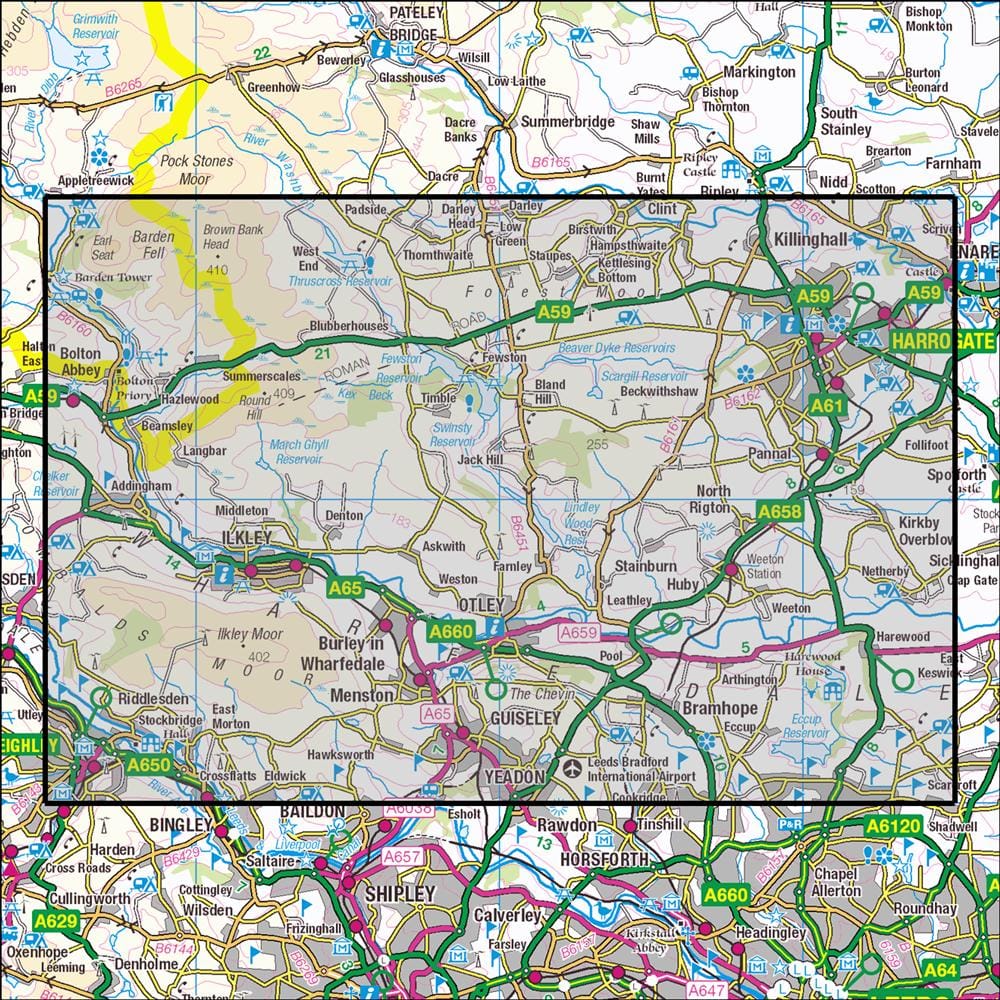 OMN4 image showing the area of the Ordnance Survey 1:25,000 Explorer map 297 Lower Wharfedale & Washburn Valley