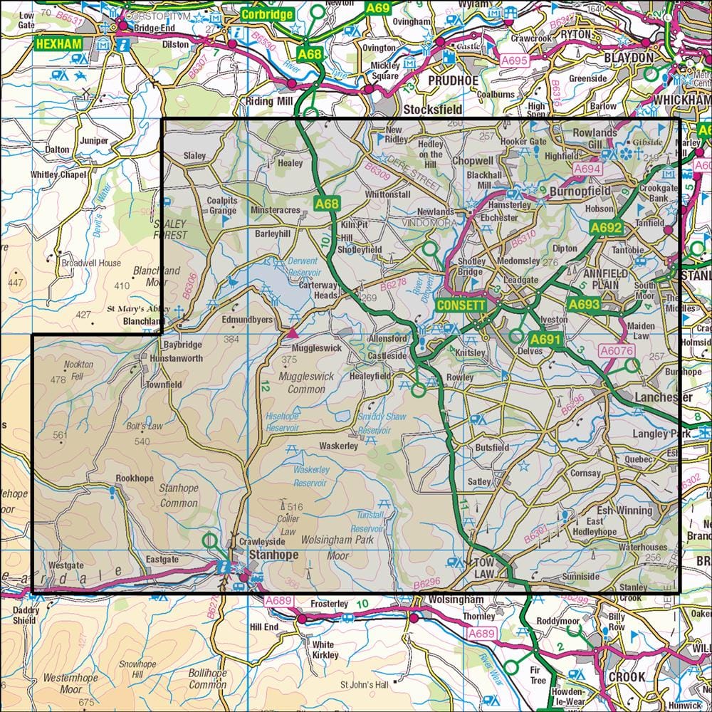 OMN4 image showing the area of the Ordnance Survey 1:25,000 Explorer map 307 Consett & Derwent Reservoir