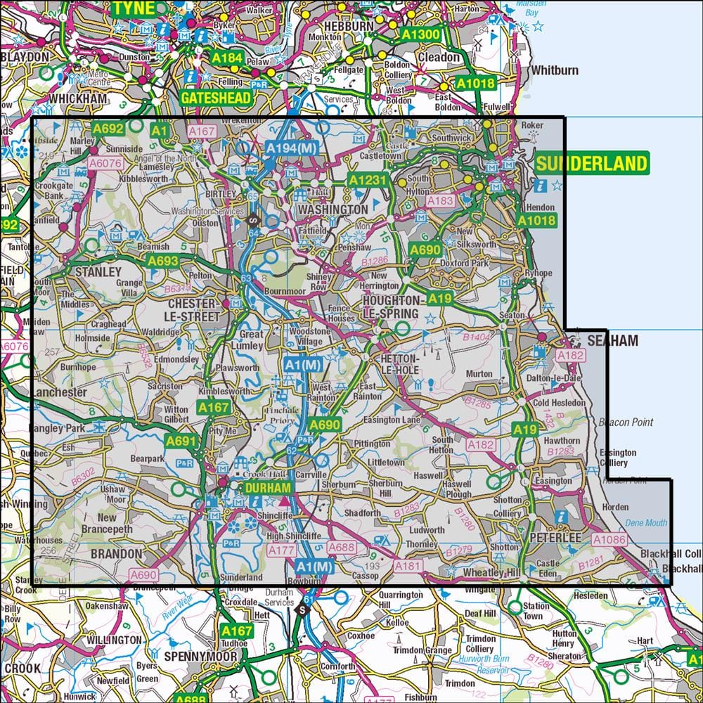OMN4 image showing the area of the Ordnance Survey 1:25,000 Explorer map 308 Durham & Sunderland