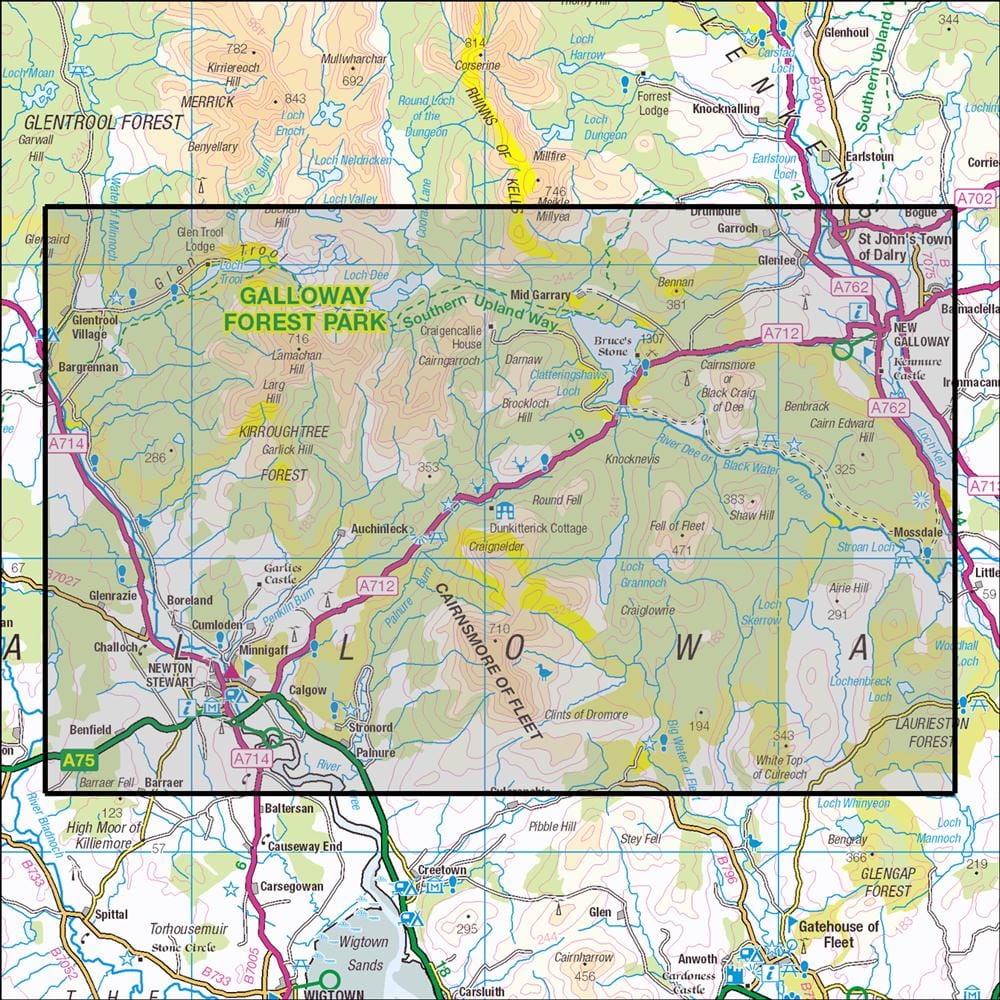 OMN4 image showing the area of the Ordnance Survey 1:25,000 Explorer map 319 Galloway Forest Park South