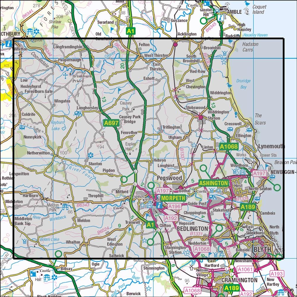 OMN4 image showing the area of the Ordnance Survey 1:25,000 Explorer map 325 Morpeth & Blyth