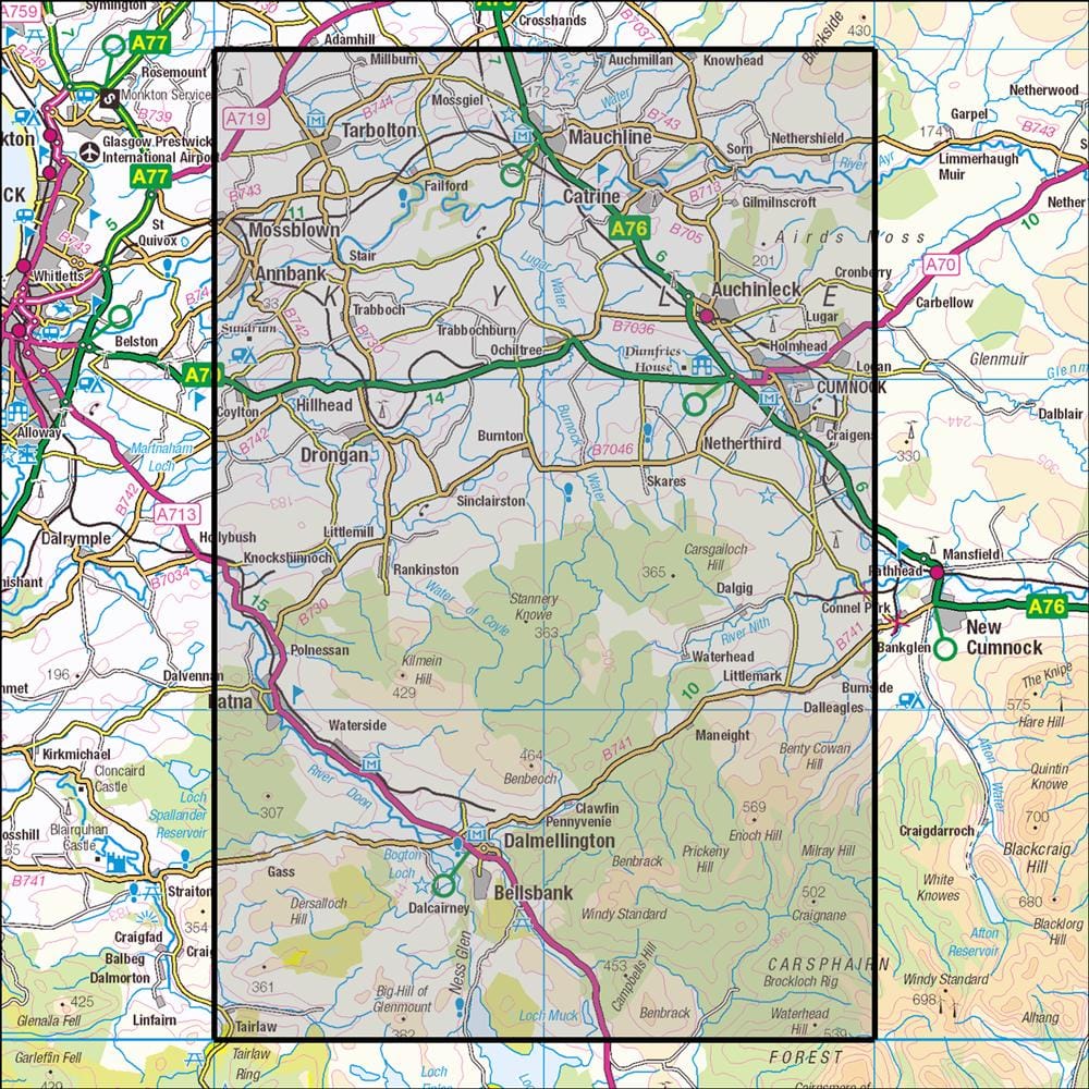 OMN4 image showing the area of the Ordnance Survey 1:25,000 Explorer map 327 Cumnock & Dalmellington