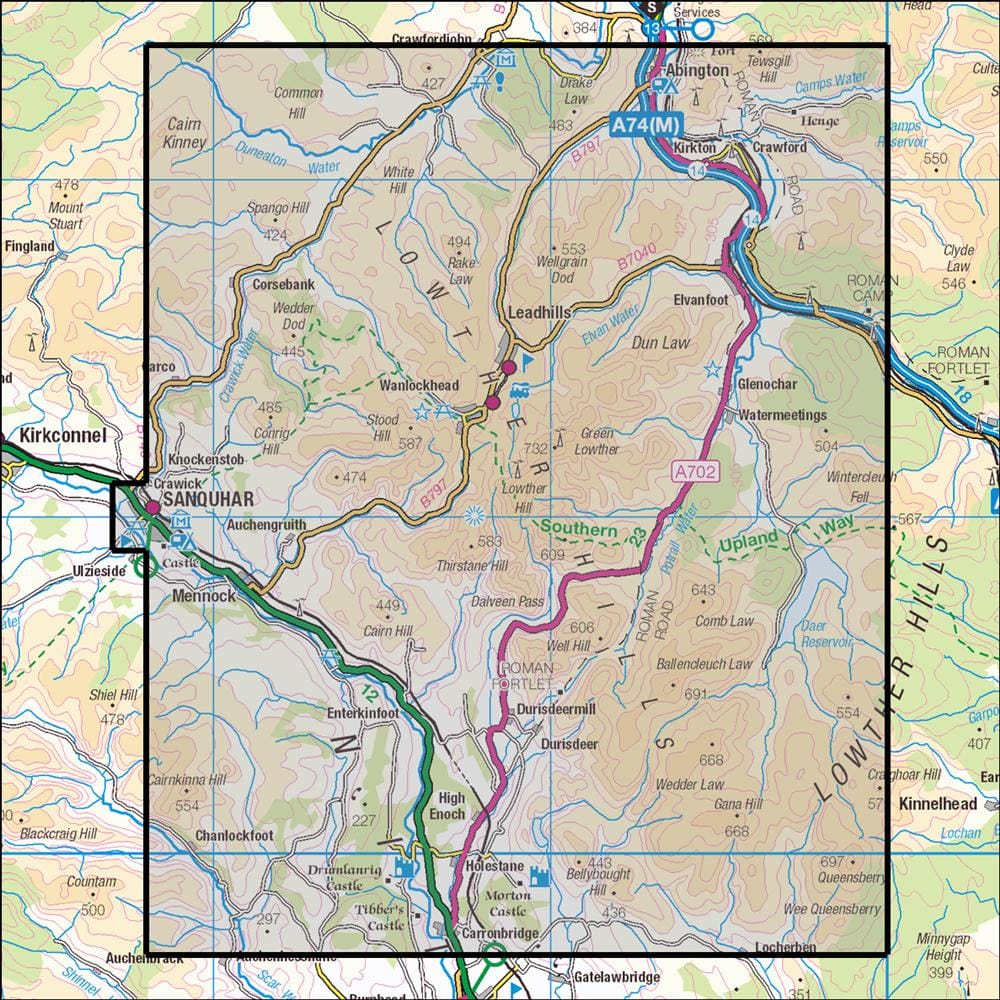 OMN4 image showing the area of the Ordnance Survey 1:25,000 Explorer map 329 Lowther Hills, Sanquhar & Leadhills